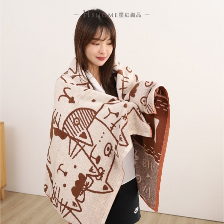 【星紅織品】可愛胖胖貓雙面圖案純棉浴巾