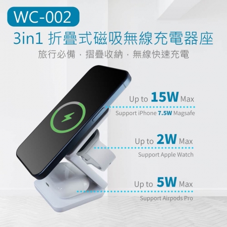 MINIQ 3in1 22W 折疊式磁吸無線充電器座（手機/手錶/耳機） 台灣製造、通過BSMI認證
