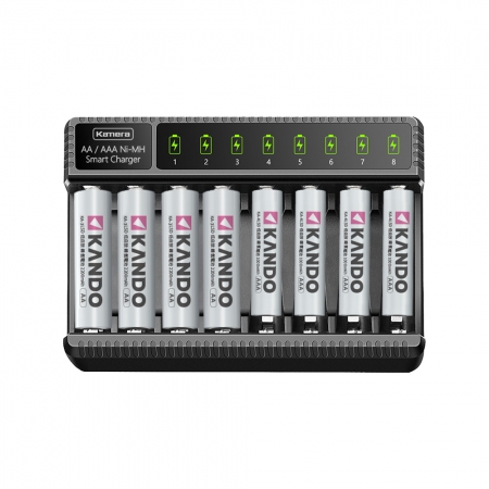 Kando 感動 【八槽充電器＋3號和4號鎳氫電池各1卡】E8智能八槽充電器 3號/4號 鎳氫 低自放電池 指紋鎖 遙控滑鼠鍵盤電池 再送USB充電器