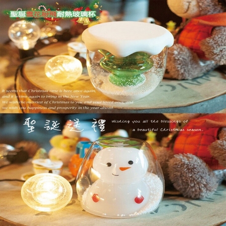 【QiMart】冬季限定雪花紛飛耐熱玻璃杯（無杯蓋款-雪人/聖誕樹兩款任選）