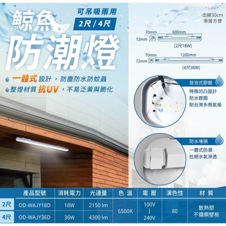 DanceLight 舞光 單入組 2尺 18W LED 鯨魚防潮燈 防潮燈座  IP66 吸吊兩用 最多可串接4組