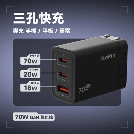 【KooPin】GaN氮化鎵70W 手機平板筆電快速充電器（2C1A）