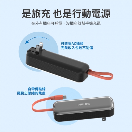 PHILIPS 22.5W AC自帶Type-C線行動電源 DLP5201C