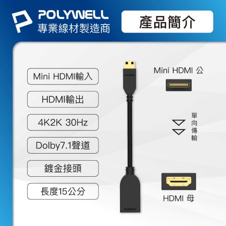 POLYWELL Mini HDMI轉HDMI 轉接線 4K2K C-Type HDMI 傳輸線 寶利威爾 台灣現貨