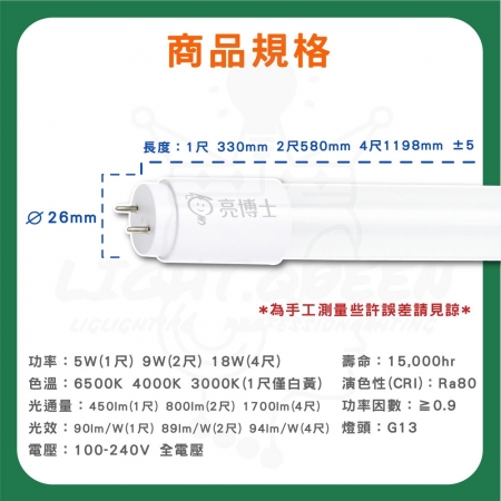 亮博士 15入 1尺 5W T8 LED燈管 雙端入電 省電燈管 白光/中性光/黃光