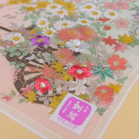 京都手帕 -友禪刺繡系列-花車（粉/黃/紫）