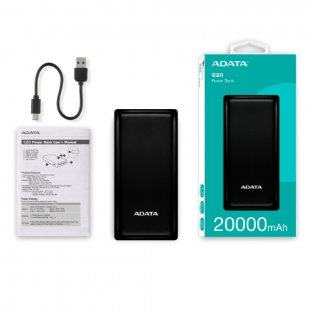 ADATA 威剛 C20 行動電源 20000mAh 黑色 多重電路防護機制（AD-C20-K）