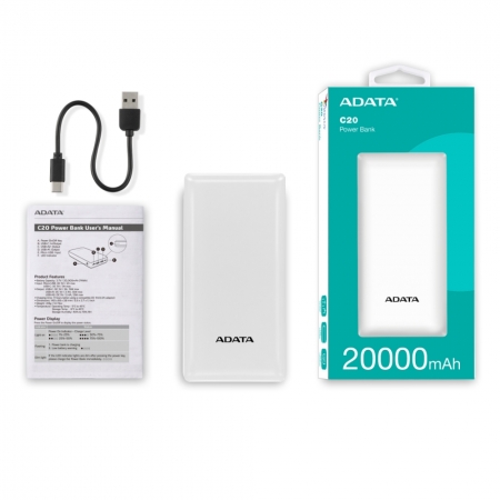 ADATA 威剛 C20 行動電源 20000mAh 白色 多重電路防護機制（AD-C20-W）