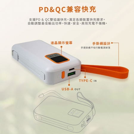 MCK  台灣製造 10000mAh 22.5W 自帶雙線 數顯快充行動電源（37wh）MCK-RPB001
