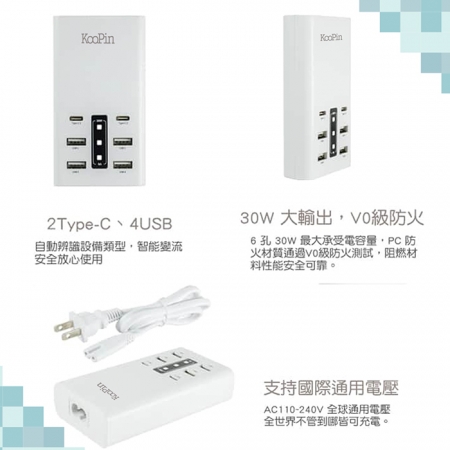 【好買點數放大】KooPin 台灣製造 30W 六孔智慧分流快速充電器（2USB-C＋4USB-A）