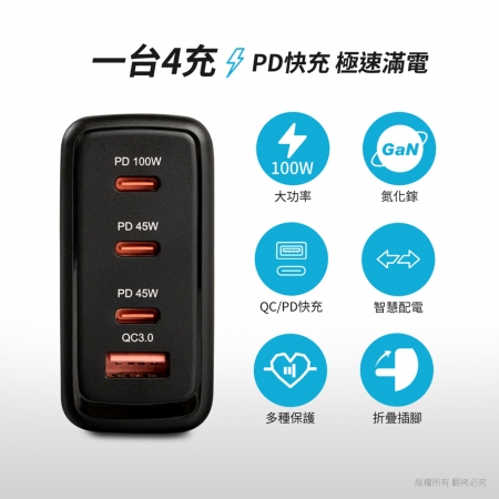 【好買點數放大】aibo PD100W 氮化鎵GaN 四孔超速充電器（PDx3＋QC3.0x1）