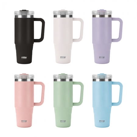 【好買點數放大-2入組/顏色隨機】TYESO 手把大容量900ML冰霸杯 304不鏽鋼 旋轉杯蓋雙飲吸管保溫杯 環保咖啡杯 車載保溫保冷杯