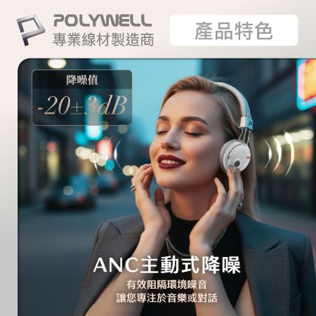 POLYWELL 復古風全罩式藍牙耳機 S023P01 主動降噪 含麥克風 Type-C充電 可折疊 寶利威爾 台灣現貨