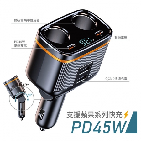 Songwin 145W雙孔車用擴充器/車用充電器（PD45W＋QC3.0/數顯電壓/90度可彎折）