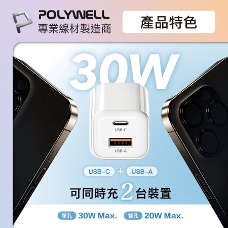 POLYWELL 30W雙孔PD快充頭 USB-C USB-A GaN氮化鎵 冰塊造型 BSMI認證 寶利威爾 台灣現貨