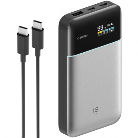 CUKTECH 酷態科 15號超級電能卡Air 15000mAh氮化鎵行動電源 100W快充 三口同時輸出 TFT彩色螢幕-本體有Wh＋3C標示
