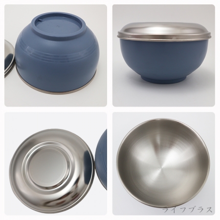 豆豆316不鏽鋼隔熱碗-附不鏽鋼蓋-14cm-莫蘭迪藍x1＋白色x1