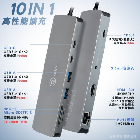 aibo 10合1 Type-C USB3.2 Gen2 超高速多功能擴充器
