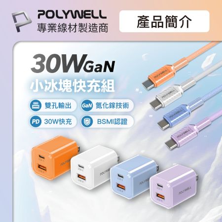 POLYWELL 30W小冰塊PD快充組 充電頭＋充電線 適用iPhone 安卓 GaN氮化鎵 寶利威爾 台灣現貨