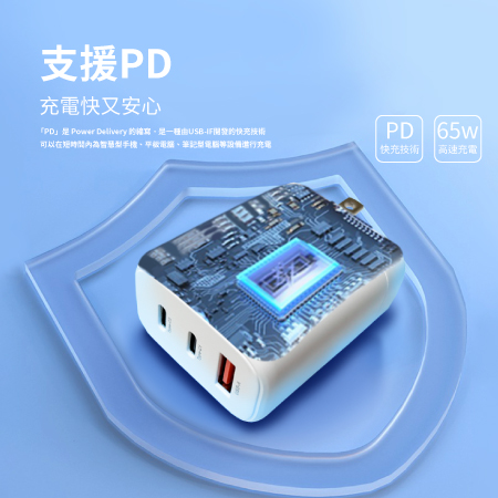 【好買點數放大】FUGU PD65W氮化鎵GaN 3孔快充頭2C1A＋Type C 1M充電線