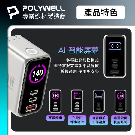 POLYWELL 140W多模數顯電源供應器 雙USB-C孔＋1A孔 TFT 型號S014P08 寶利威爾 台灣現貨
