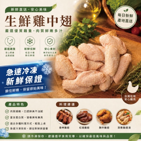 【約克街肉舖】台灣國產嚴選雞中翅（1000g±10%/包）