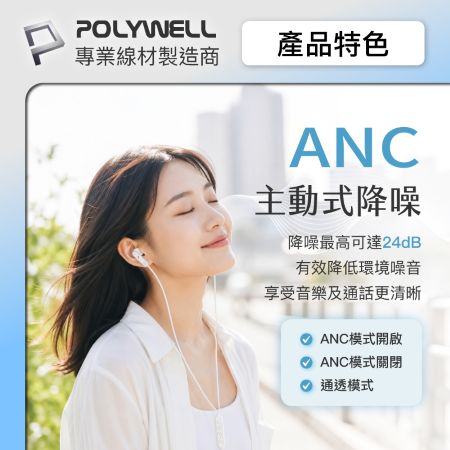POLYWELL ANC入耳式有線耳機 主動式降噪 Type-C 可線控 適用iPhone平板筆電 寶利威爾 台灣現貨