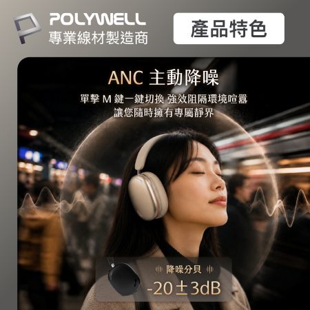 POLYWELL 全罩式降噪藍牙耳機S023P02 ANC主動降噪 Type-C充電 低延遲舒適好戴 寶利威爾 台灣現貨