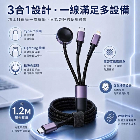 【DA】3合1多功能編織快充線（Apple Watch磁吸充電/Lightning/Type-C） 1.2M
