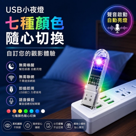 迷你USB雙面透明 LED燈-10入組（聲控小夜燈 七彩變色燈 可調亮度手電筒 照明燈 緊急求救燈 登山露營）適用旅充頭/行動電源