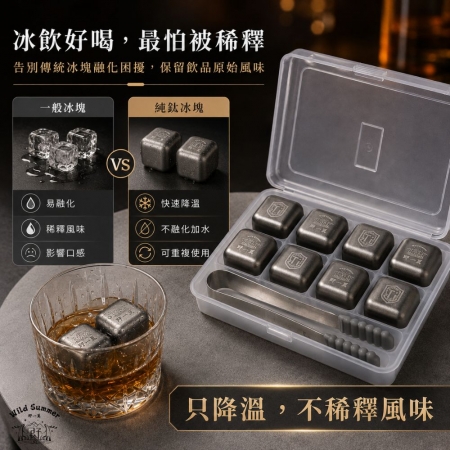 【Wild Summer】純鈦冰塊8入組 不稀釋飲品 可重複使用 附冰夾收納盒