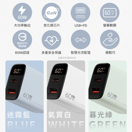 aibo GaN氮化鎵 60W數顯雙孔快充充電器（內附贈Type-C充電線）
