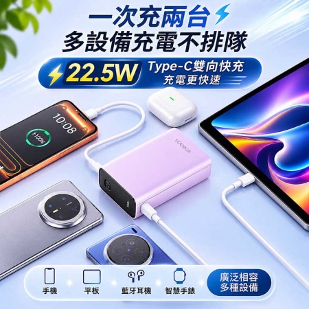 VOORCA 22.5W雙向快充 20000mAh大容量行動電源（Type-C掛繩/數顯/CCC認證） D080P