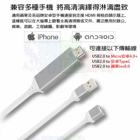 蘋果安卓通用MHL轉HDMI高清電視影音轉接線TypeC/iPhone平板USB雙用HDTV同屏器