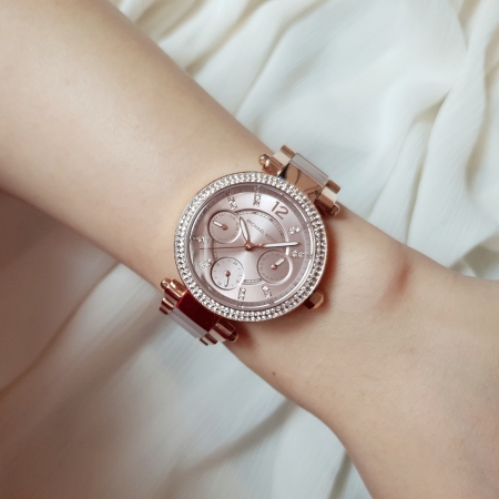 MICHAEL KORS美國原廠平輸手錶 | 璀璨晶鑽腕錶 - 玫瑰金面x玫瑰金水鑽邊框x不鏽鋼錶帶 / MK6110