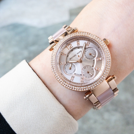 MICHAEL KORS美國原廠平輸手錶 | 璀璨晶鑽計時腕錶 -玫瑰金面x玫瑰金水鑽邊框x不鏽鋼錶帶 / MK5896