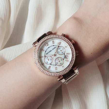MICHAEL KORS美國原廠平輸手錶 | 古典晶鑽三眼腕錶 - 貝殼面x玫瑰金水鑽邊框x不鏽鋼錶帶 / MK5491