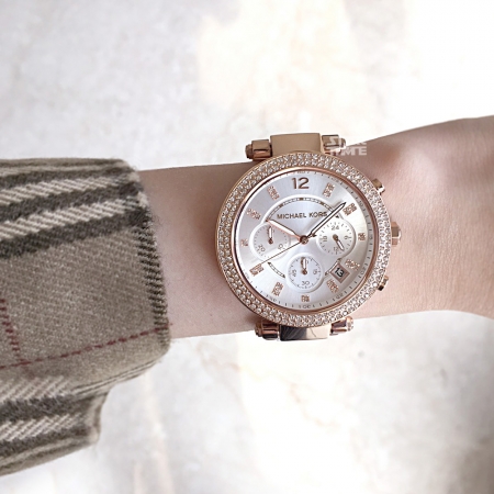 MICHAEL KORS美國原廠平輸手錶 | 晶鑽三眼腕錶 - 銀白面x玫瑰金水鑽邊框x不鏽鋼錶帶 / MK5774