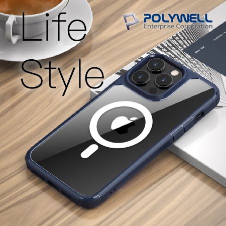 POLYWELL 藍框透明背蓋手機殼 軍規防摔 適用iPhone 13 14 Magsafe 寶利威爾 台灣現貨