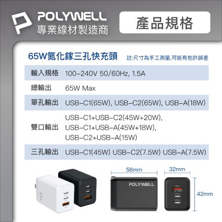 POLYWELL 65W三孔PD快充頭 雙USB-C＋USB-A充電器 GaN氮化鎵 BSMI認證 寶利威爾 台灣現貨