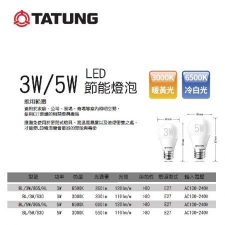 TATUNG 大同 5入組 大同LED燈泡 3W 省電燈泡 E27燈頭（白光/黃光）												