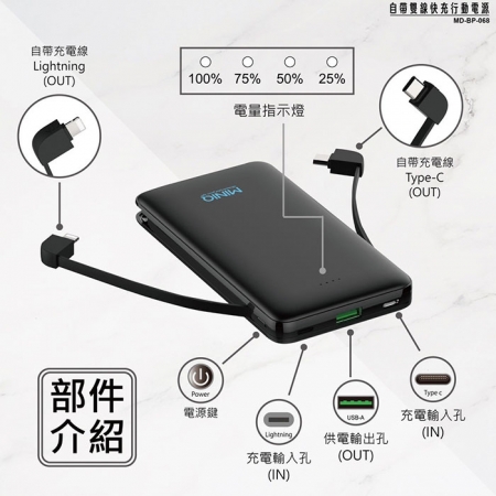 MINIQ 台灣製造 自帶雙線 快充版 Lightning/Type-C 大容量行動電源