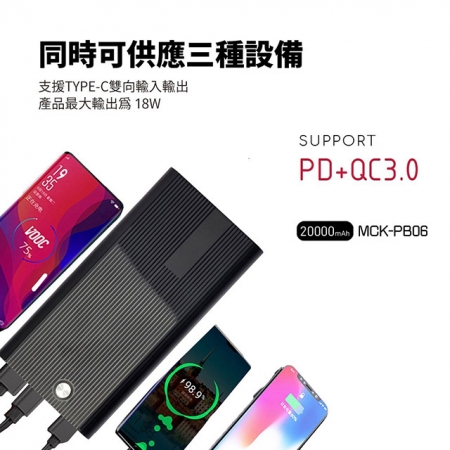MIT電霸 PD＋USB 18W 20000快充行動電源（自帶手機支架）台灣製造 MCK-PB06