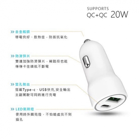 台灣製造 20W PD＋QC雙協議快速車充/雙孔車用充電器（Type-C/USB-A）