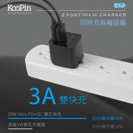 【KooPin】迷你20W PD＋QC折疊極速雙孔充電器（Type-C/USB-A）