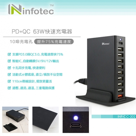 【好買點數放大】桌面型 10埠 63W 快速充電器（支援QC3.0 /PD快充）