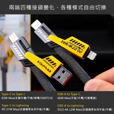 【超值二入】AWEI 機甲四合一快充傳輸線 PD65W 27W 編織快速充電線（1M）