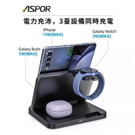 ASPOR 23W多功能寬版折疊無線充電座（手機/手錶/耳機）