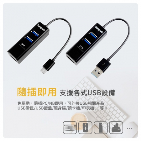 Songwin 二合一 3埠USB HUB/TF讀卡機（TYPE-C/TYPE-A）