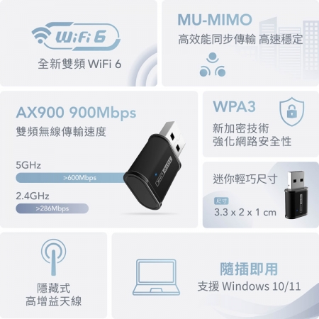 TOTOLINK X900USM AX900 Wi-Fi 6 USB迷你無線網卡